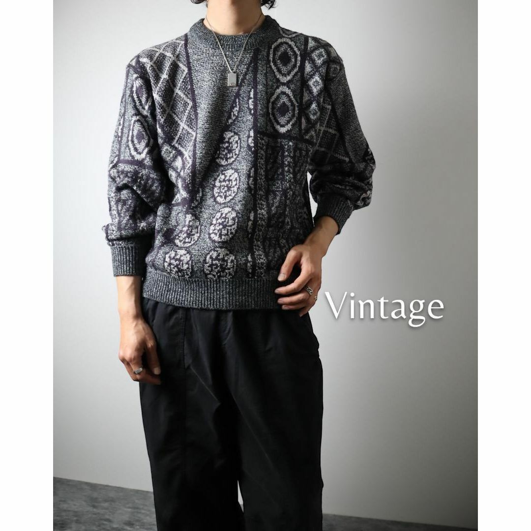 【vintage】幾何学 デザイン 総柄 ウール混 ニット セーター グレー 紫古着屋arie✿K256