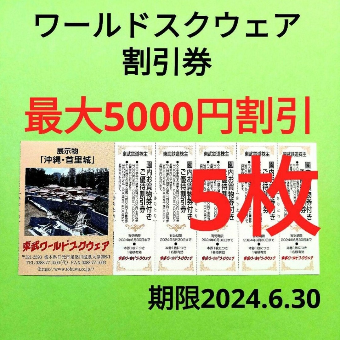 【5枚】東武ワールドスクウェア割引券5枚 チケットの施設利用券(遊園地/テーマパーク)の商品写真