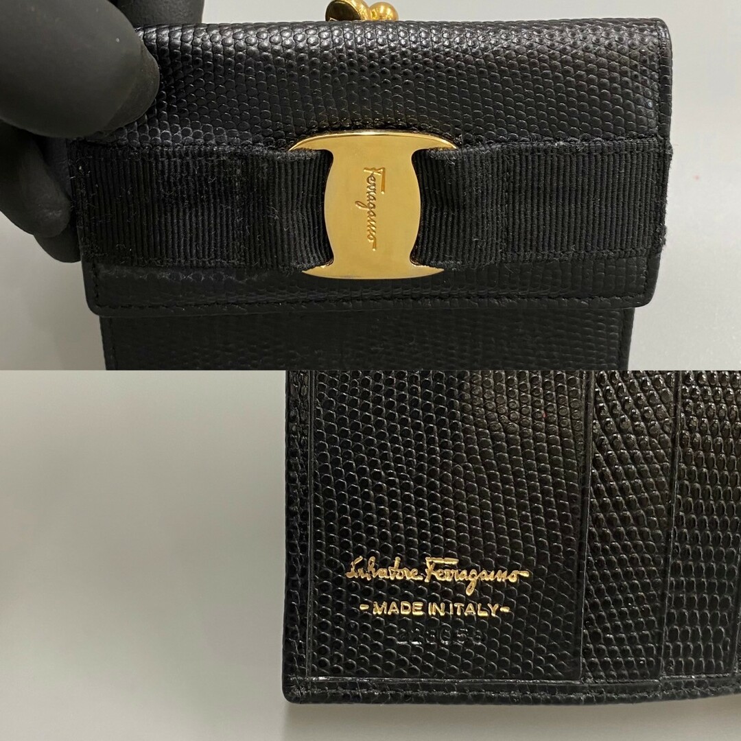 Salvatore Ferragamo(サルヴァトーレフェラガモ)の美品 Salvatore Ferragamo サルヴァトーレフェラガモ ヴァラ 金具 レザー 本革 がま口 二つ折り 財布 ミニ ウォレット ブラック 76049 レディースのファッション小物(財布)の商品写真