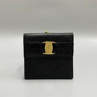 サルヴァトーレフェラガモ(Salvatore Ferragamo)の美品 Salvatore Ferragamo サルヴァトーレフェラガモ ヴァラ 金具 レザー 本革 がま口 二つ折り 財布 ミニ ウォレット ブラック 76049(財布)