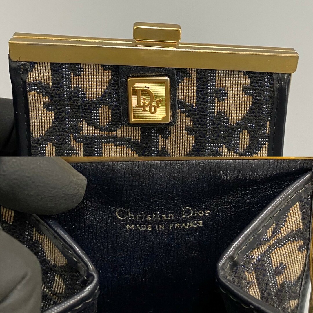 Dior(ディオール)の美品 Christian Dior ディオール ロゴ 金具 トロッター レザー 本革 キャンバス がま口 ミニ 財布 コインケース ネイビー 35084 レディースのファッション小物(コインケース)の商品写真