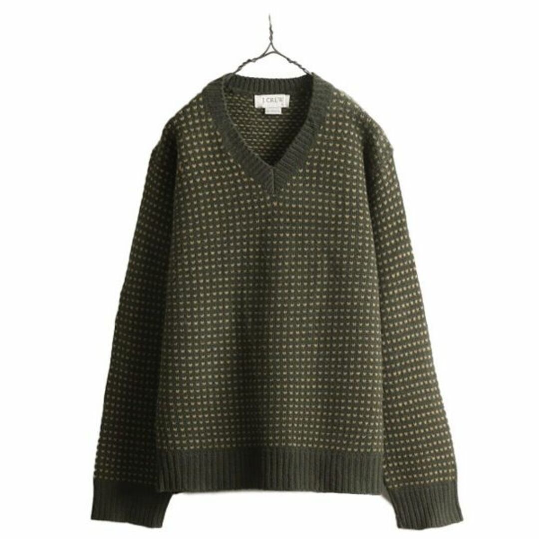 00s J CREW バーズアイ ラム ウール ニット セーター メンズ L 古着 00年代 オールド ジェイクルー Vネック ノルディック 2トーン カーキ メンズのトップス(ニット/セーター)の商品写真