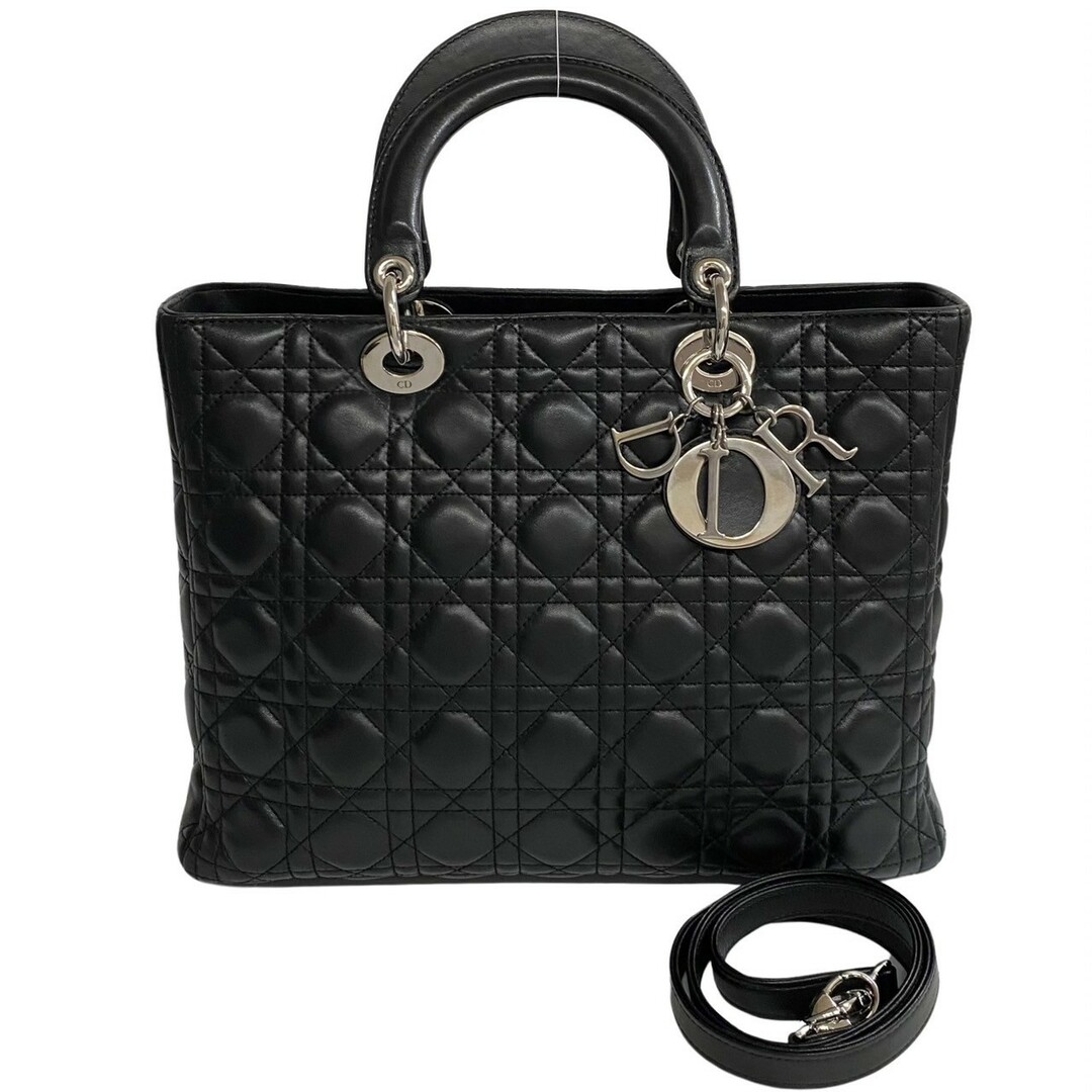 約32cm幅極 美品 袋付 Christian Dior レディディオール カナージュ レザー 本革 2way ハンドバッグ ショルダーバッグ ブラック 黒 23217