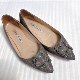 ハイヒール/パンプス極美品!憧れのマノロブラニク 豪華フラワーシルク刺繍織 ビジューバックル 23㎝