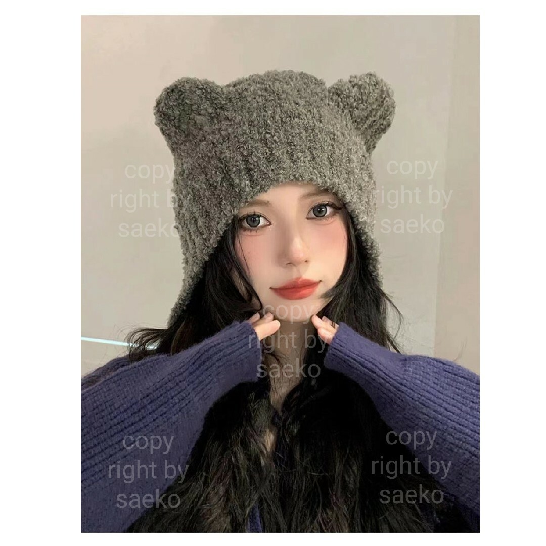 白□耳付きヘアマフ□グレー□イヤーマフ□ニットキャップ 白□耳付きヘアマフ□グレー□イヤーマフ□ニットキャップ