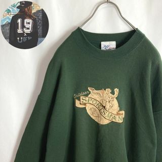 ヴィンテージ(VINTAGE)のUSA古着 スウェット 鹿 鴨 魚 アニマル柄 刺繍 緑 茶色 2XL かわいい(スウェット)