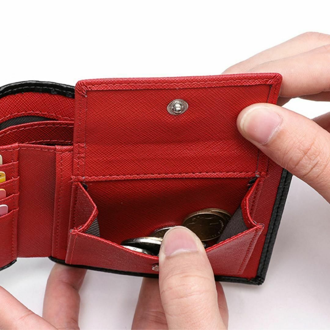 【新品】二つ折り財布 メンズ レッド 黒 小銭入れ  レザー 革 カードケース メンズのファッション小物(折り財布)の商品写真