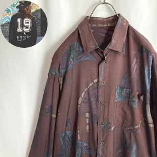 ヴィンテージ(VINTAGE)のレトロ古着 総柄シャツ 長袖 ペイントアート柄 パープル 赤紫色 XL かわいい(シャツ)