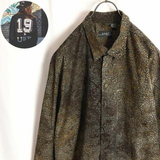 ヴィンテージ(VINTAGE)のレトロ古着 総柄シャツ ボタニカル柄 幾何学模様 フロッキー ブラウン長袖2XL(シャツ)