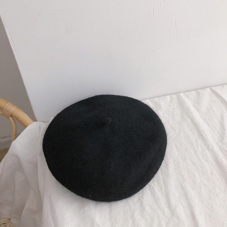 韓国風　キッズ/ベビー  ウールベレー帽 ハット キャップ　ブラック(帽子)