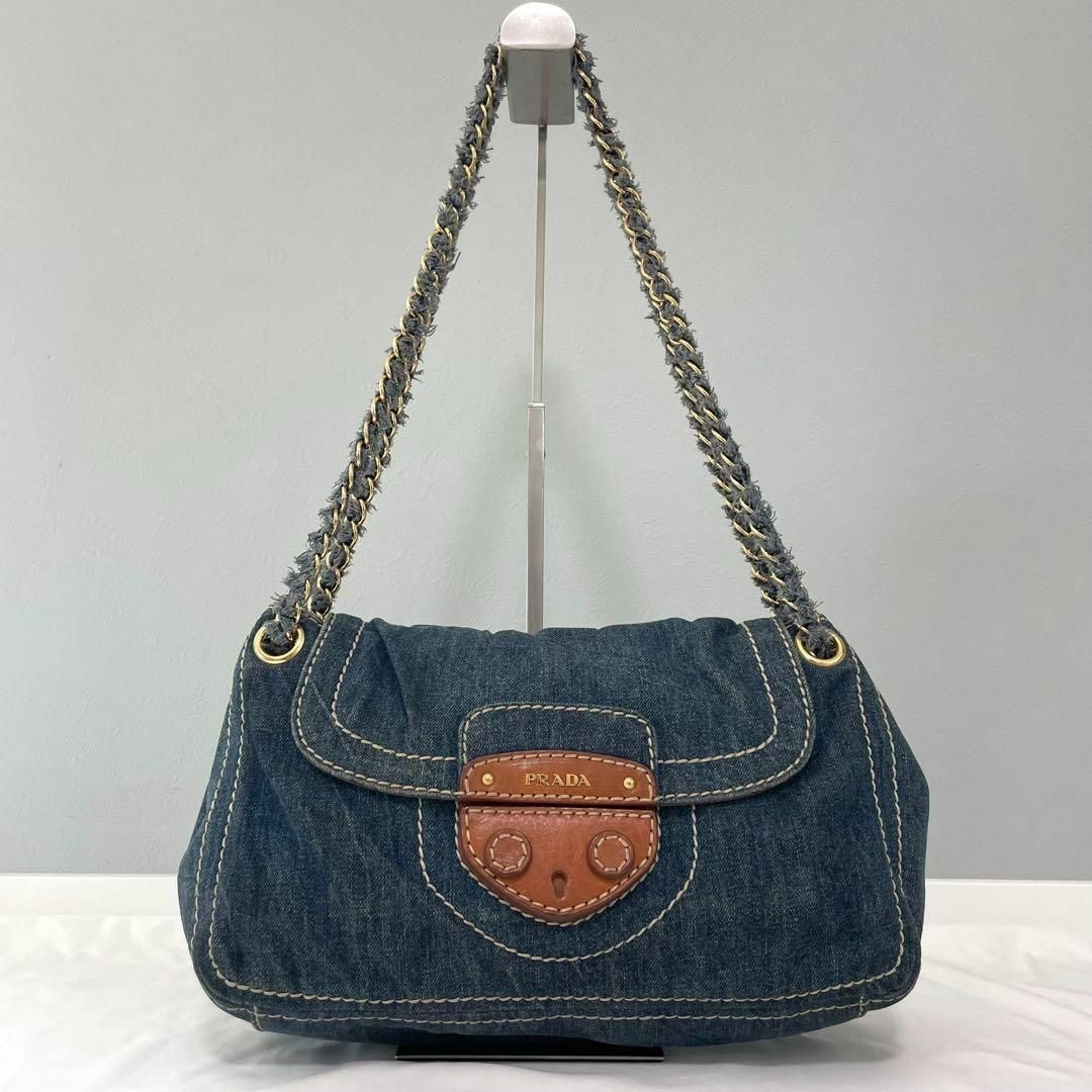 美品 レア】PRADA デニム チェーン ショルダーバッグ ステッチ 美品 レア】PRADA デニム チェーン ショルダーバッグ ステッチ