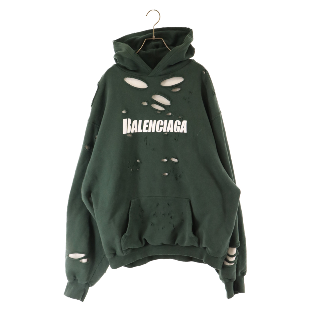 71センチ肩幅BALENCIAGA バレンシアガ 21SS デストロイ加工ロゴミディアムフリースパーカー グリーン 659403 TKVB6