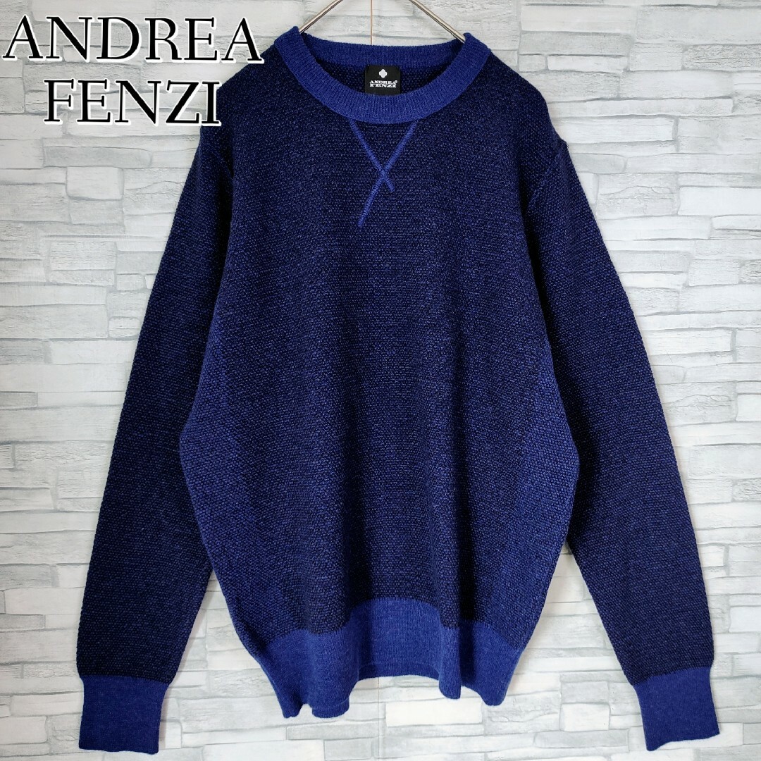 【美品】ANDREA FENZI☆クルーネックウールニット　ネイビー　イタリア製ウール生産国