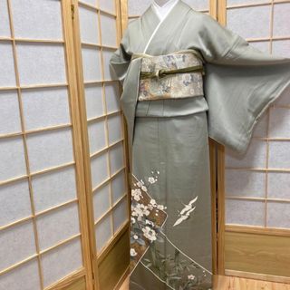 ［8385］色留袖 美品 飛鶴枝花文様 松竹梅 金彩 一つ紋 正絹 着物 袷(着物)