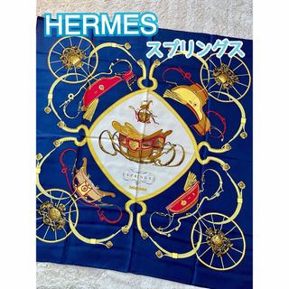 エルメス(Hermes)の美品✨HERMES  シルク　大判スカーフ　カレ90 ネイビー　スプリングス(バンダナ/スカーフ)