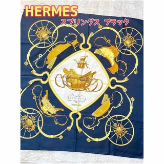 エルメス(Hermes)の良品♡ HERMES  シルク　大判スカーフ　カレ90 ブラック　スプリングス(バンダナ/スカーフ)