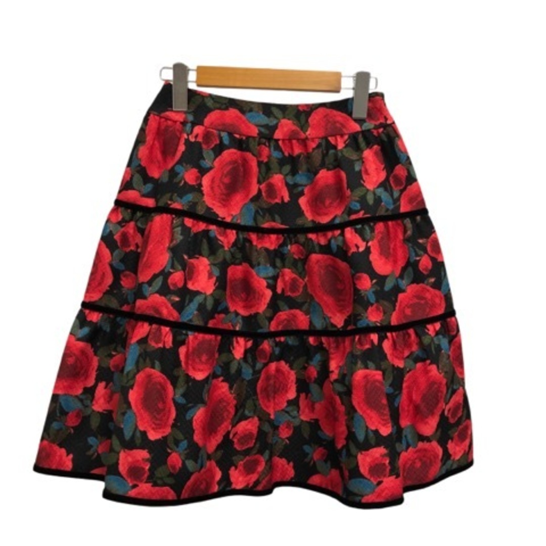 エムズグレイシー M'S GRACY フレアスカート ひざ丈 花柄 赤 黒 緑58cmヒップ