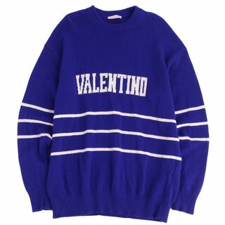 ヴァレンティノ(VALENTINO)の美品 ヴァレンティノ VALENTINO ニット セーター ロングスリーブ 長袖 ボーダー柄 ロゴ ウール トップス メンズ M ブルー(ニット/セーター)