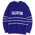 美品 ヴァレンティノ VALENTINO ニット セーター ロングスリーブ 長袖 ボーダー柄 ロゴ ウール トップス メンズ M ブルー