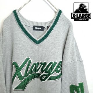 エクストララージ(XLARGE)の【希少】X-LARGE ビッグロゴ 厚手 ニット セーター グレー×緑 XL(ニット/セーター)