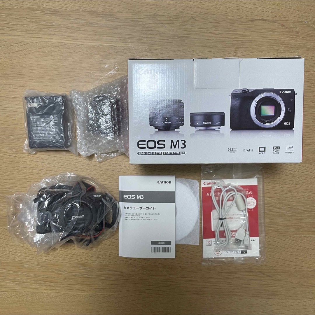 EOSM3メーカー型番『美品』Canon EOS M3 Wレンズキット2 BK 箱あり　ミラーレス