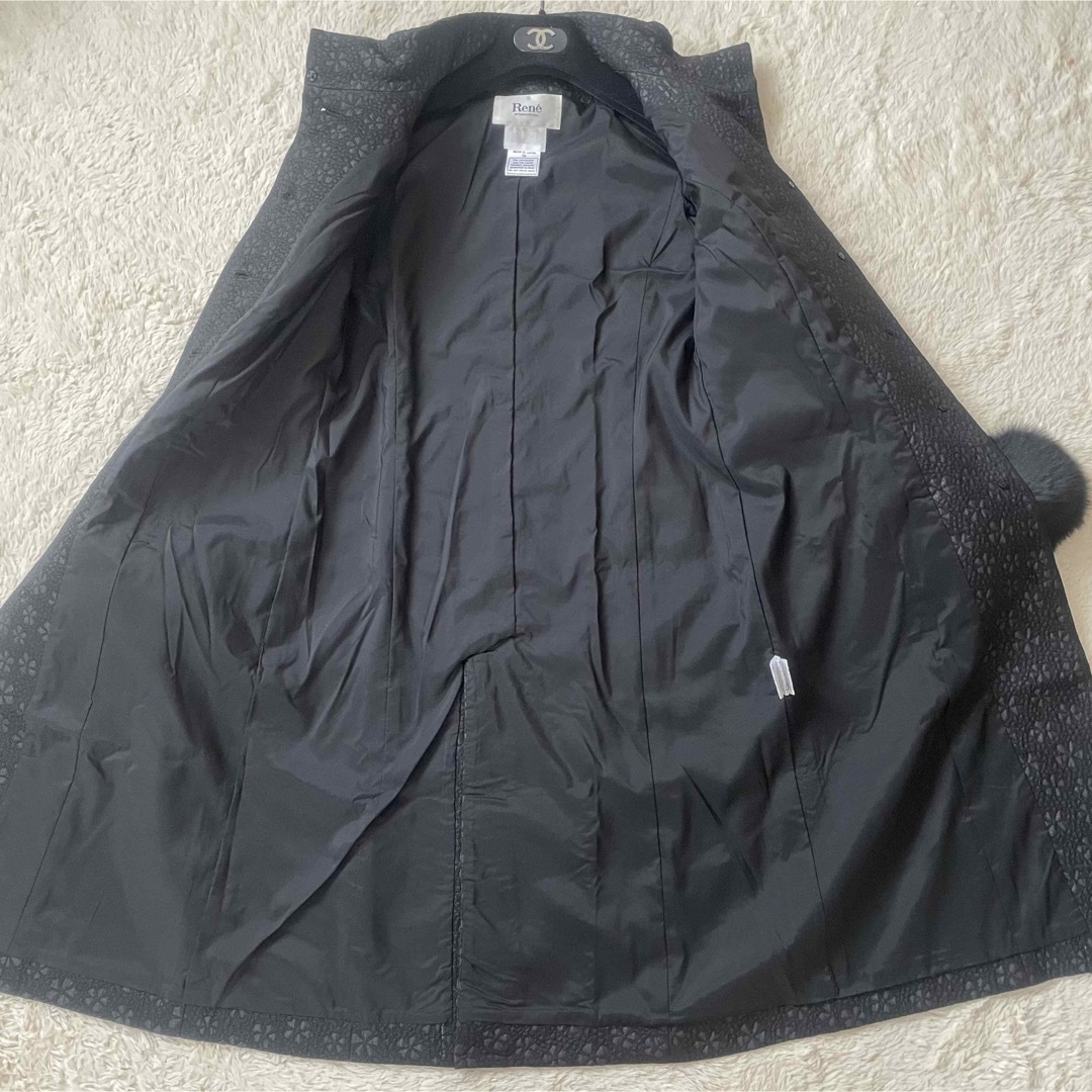 極美品 ルネ 花柄スタンドカラーコート フォックスファー 黒 極美品 ルネ 花柄スタンドカラーコート フォックスファー 黒