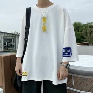韓国 メンズ 七分袖 Tシャツ 白 ホワイト①(Tシャツ/カットソー(七分/長袖))