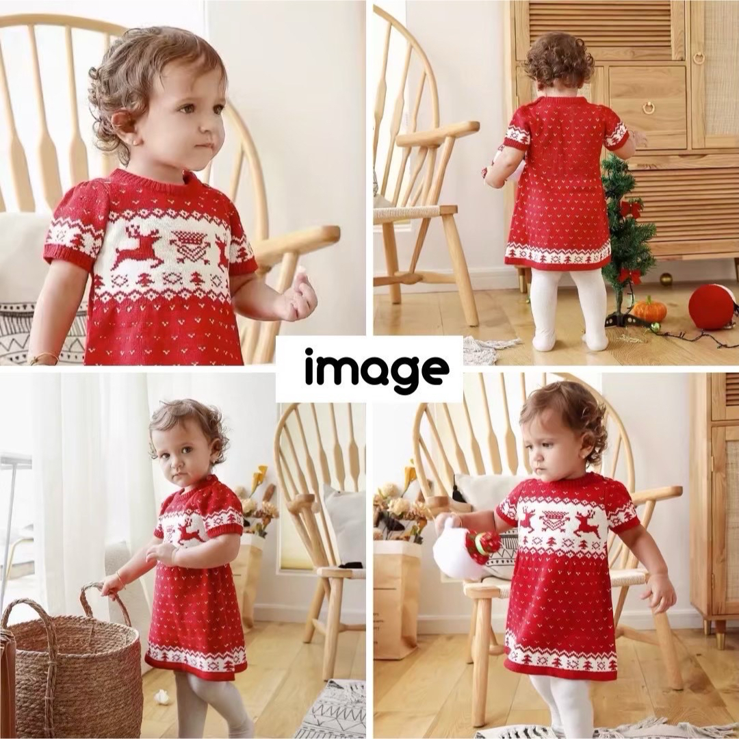 ニットワンピ(白) 110  Xmas  ノルディック柄　トナカイ　ホワイト キッズ/ベビー/マタニティのキッズ服女の子用(90cm~)(ワンピース)の商品写真