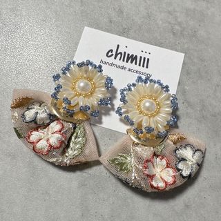 No.371 2way ビーズ刺繍　インド刺繍リボン　ピアス　イヤリング(ピアス)