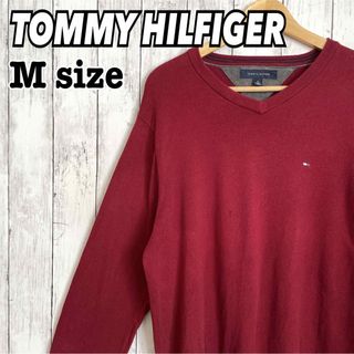 トミーヒルフィガー(TOMMY HILFIGER)のトミーヒルフィガー vネック ニット セーター 長袖 赤 ワンポイントロゴ 古着(ニット/セーター)