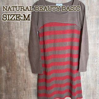 ナチュラルビューティーベーシック(NATURAL BEAUTY BASIC)のNATURAL BEAUTY BASIC ニットワンピース　ブラウンボーダー　M(ひざ丈ワンピース)