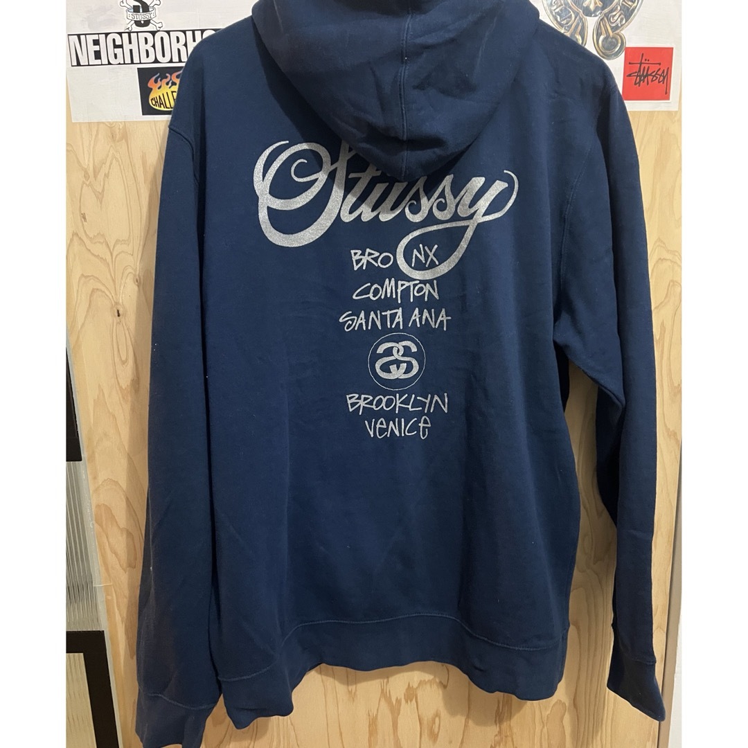 ジップパーカーstussyワールドツアージップパーカー希少ネイビーXL