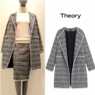 セオリー(theory)のTheory 定価7万 最高級ツイード生地 ノーカラー ツイードコート ロング(ロングコート)