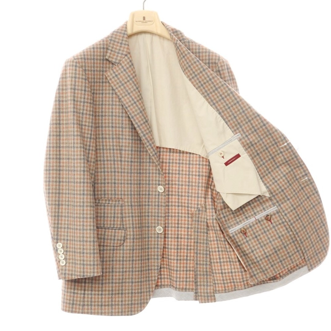 BRUNELLO CUCINELLI(ブルネロクチネリ)の【中古】ブルネロクチネリ Brunello Cucinelli ウールカシミヤ チェック ジャケット ベージュxコーラル系【サイズ50】【メンズ】 メンズのジャケット/アウター(テーラードジャケット)の商品写真