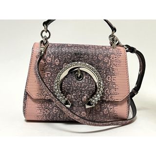 ジミーチュウ(JIMMY CHOO)のJIMMY CHOO ジミーチュウ ハンドバグ ショルダーバッグ MADELINE TOP HANDLE マデリン トップ ハンドル レザー ピンク クリアストーン クリスタルバックル 美品(ハンドバッグ)