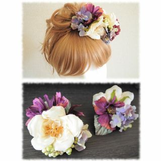 グリッターローズとコスモスのアレンジコサージュセット(ヘアアクセサリー)