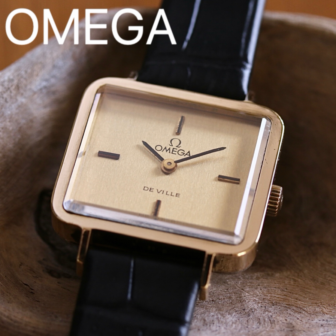 OMEGAオメガ　カットガラス  スクエア　レディース　手巻き　ゴールド　腕時計レディース