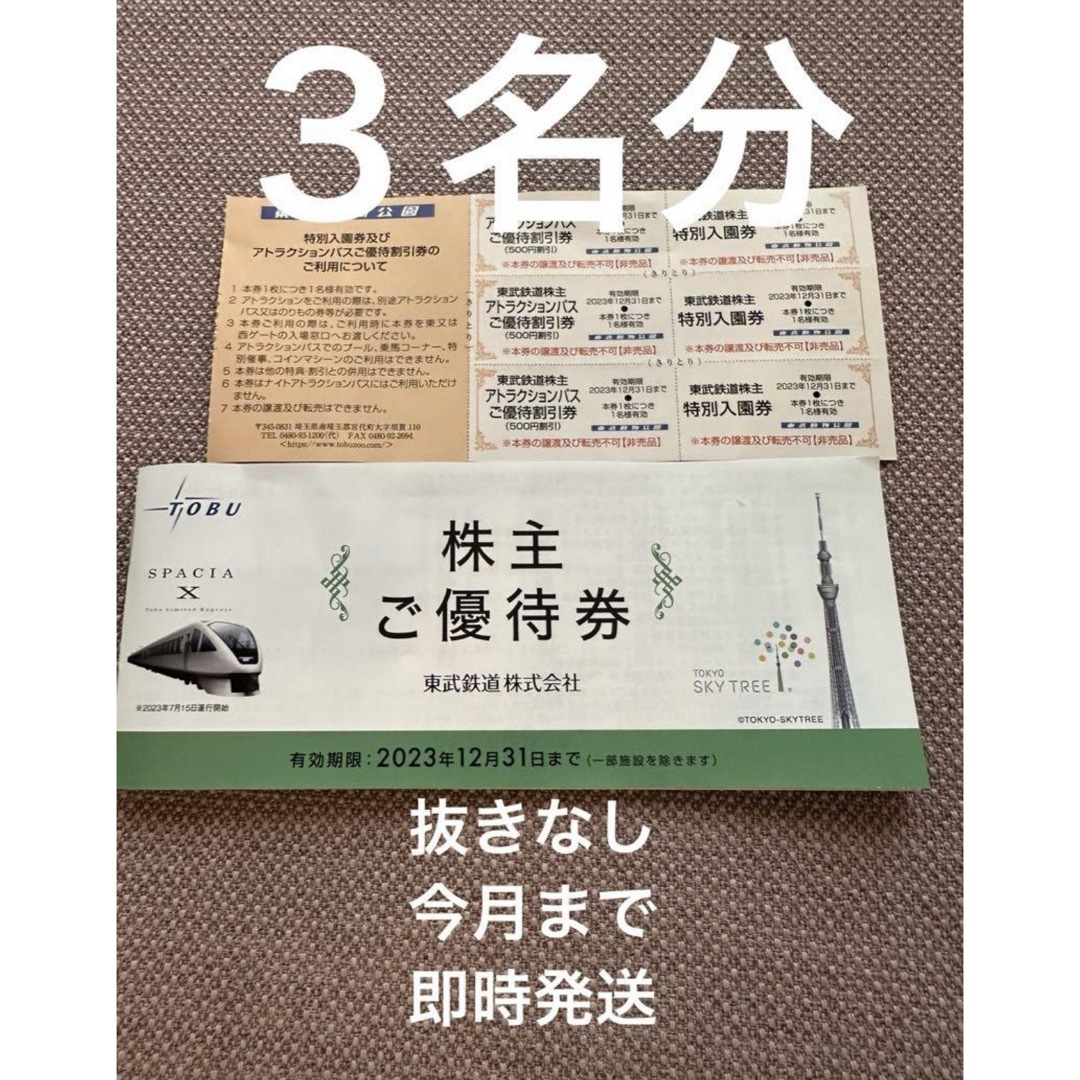 東武動物公園入園無料３枚 株主優待 1冊抜きなし - 遊園地