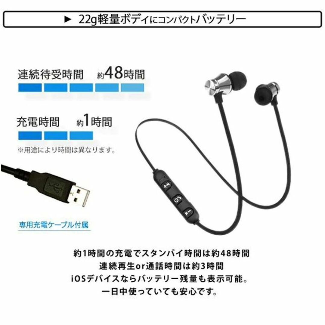 マグネットイヤホン ワイヤレスイヤホン スポーツに最適なタイプ ●ブラック スマホ/家電/カメラのオーディオ機器(ヘッドフォン/イヤフォン)の商品写真