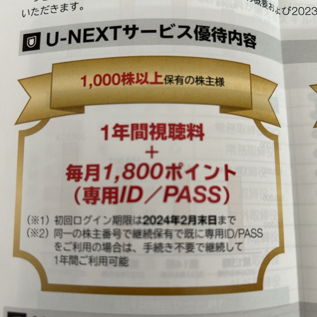 U-NEXT株主優待 1年間視聴料無料+毎月1800ポイント