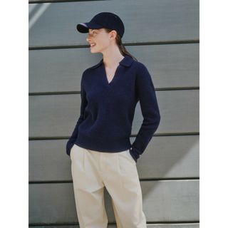 ユニクロ(UNIQLO)のプレミアムラムポロセーター（長袖） XL  ネイビー(ニット/セーター)