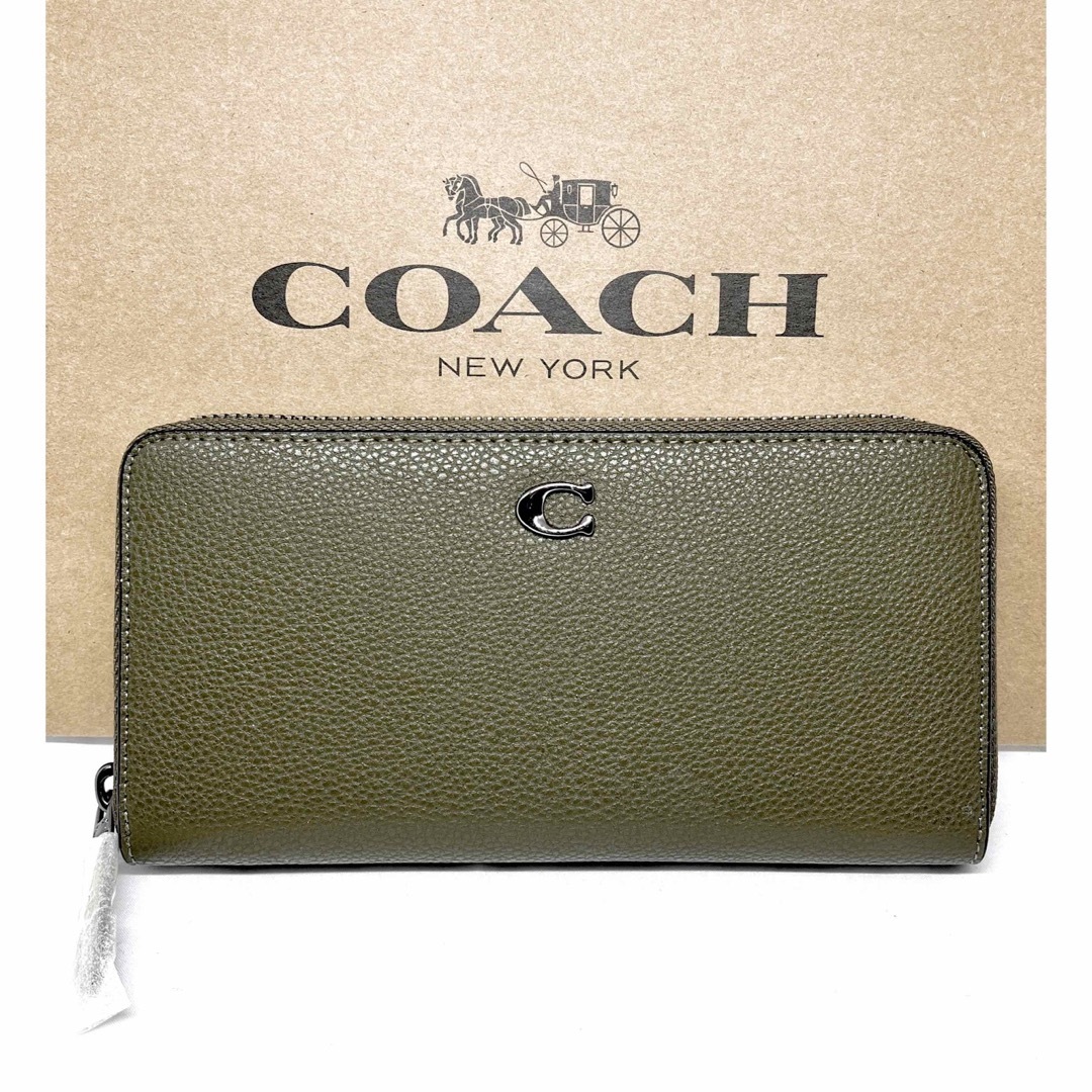 COACH コーチ　ストラップ付き　長財布　モスグリーンレザー