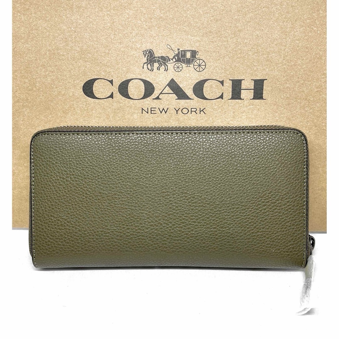 COACH コーチ　ストラップ付き　長財布　モスグリーンレザー