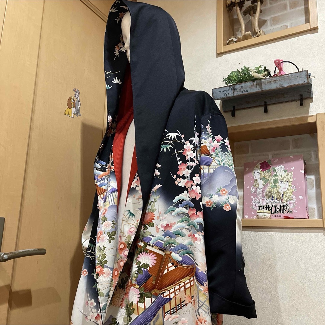 黒振り袖 着物リメイク ロングコートの通販 by 凛子りんご|ラクマ 黒振り袖 着物リメイク ロングコートの通販 by 凛子りんご|ラクマ