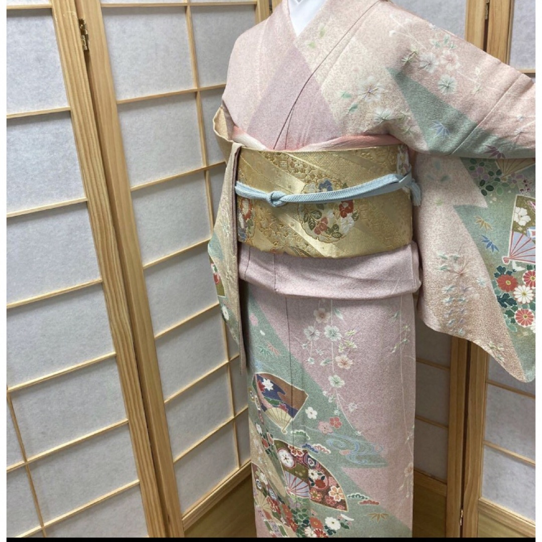 ［8469］訪問着 美品 駒刺繍 扇吉祥花文様 絞り 金彩 着物 正絹 袷 レディースの水着/浴衣(着物)の商品写真