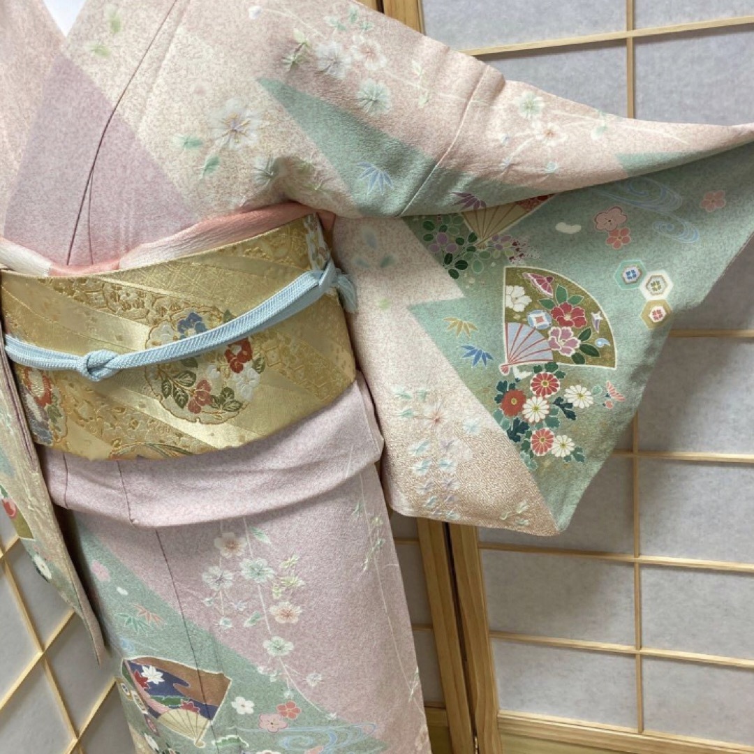 ［8469］訪問着 美品 駒刺繍 扇吉祥花文様 絞り 金彩 着物 正絹 袷 レディースの水着/浴衣(着物)の商品写真