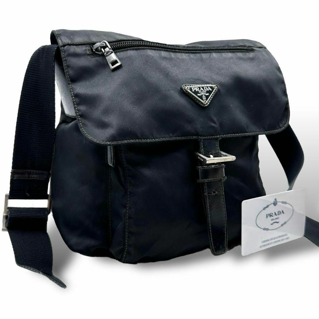 PRADA(プラダ)の格安✨PRADA ショルダーバッグ 斜め掛け フラップ 三角ロゴ 白タグ 黒 レディースのバッグ(ショルダーバッグ)の商品写真