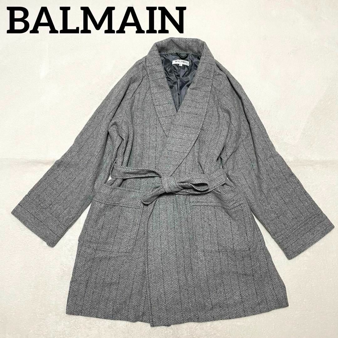 BALMAIN(バルマン)の706 希少 BALMAIN ガウンコート L ヘリンボーン ストライプ メンズのジャケット/アウター(ステンカラーコート)の商品写真