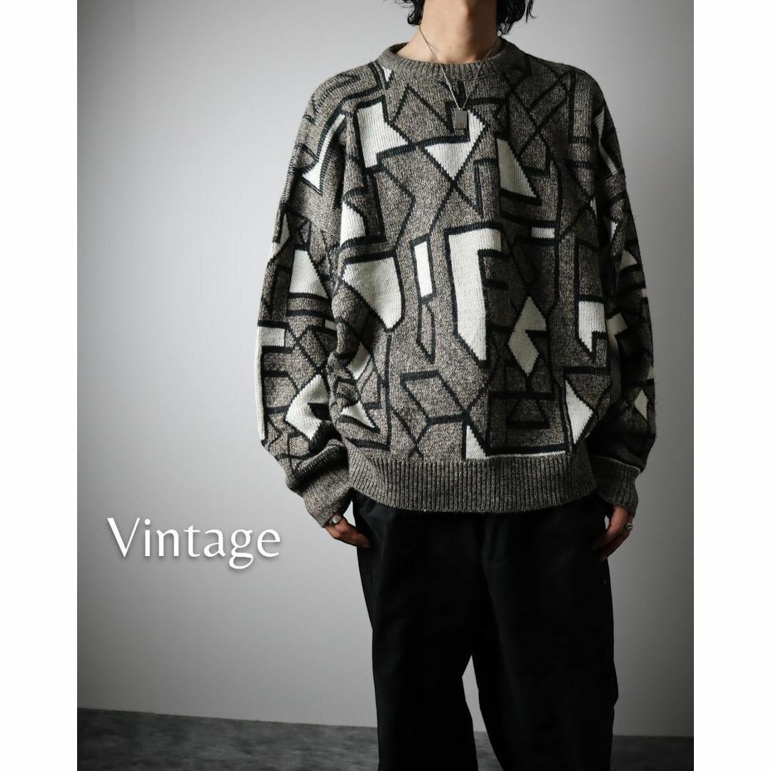 arieニット✿【vintage】幾何学 パターン 総柄 ウール混 ニット セーター USA製