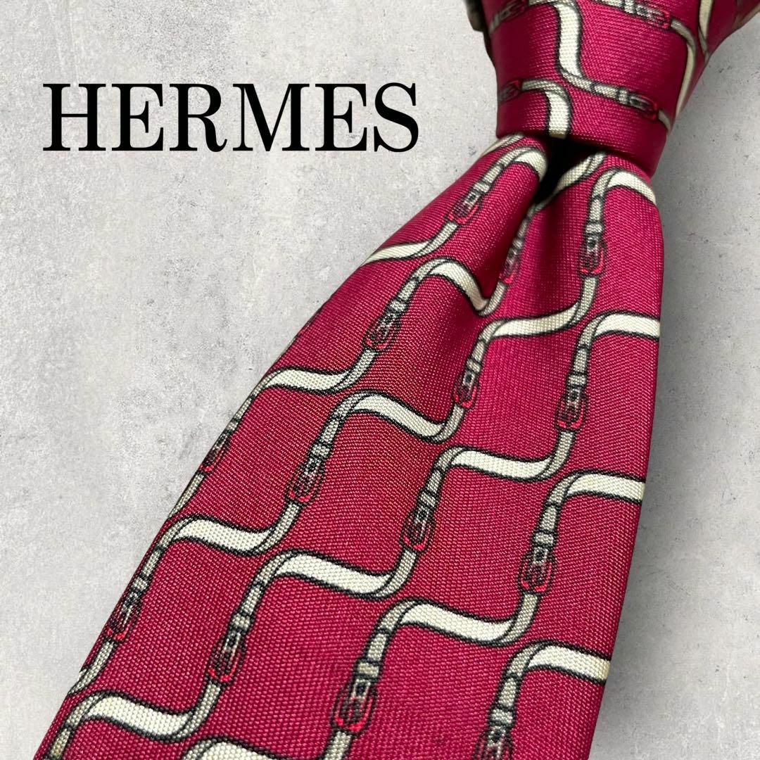 Hermes - 美品 HERMES エルメス ベルト 格子柄 ネクタイ 赤 レッド